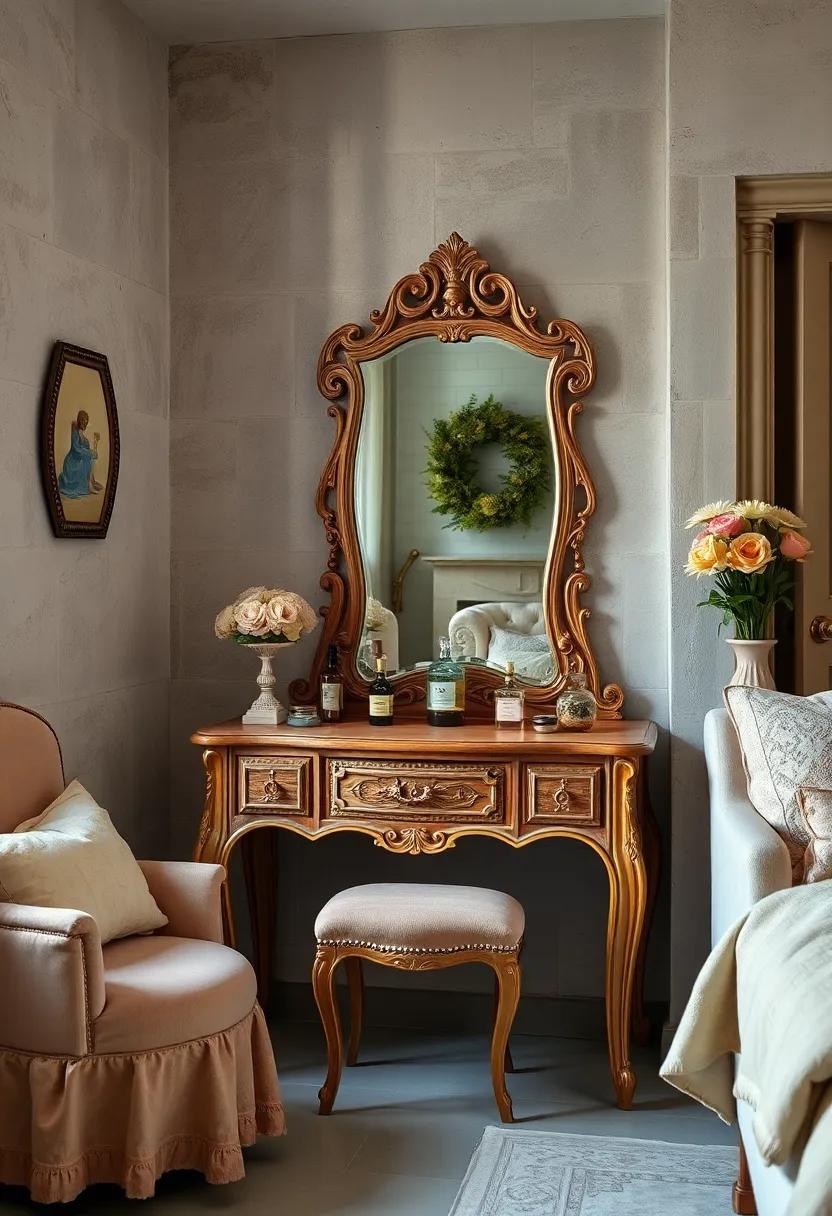 Old-Fashioned Vanity Table With Ornate Mirror‌ and Classic Perfume Bottles in a Vintage Setting