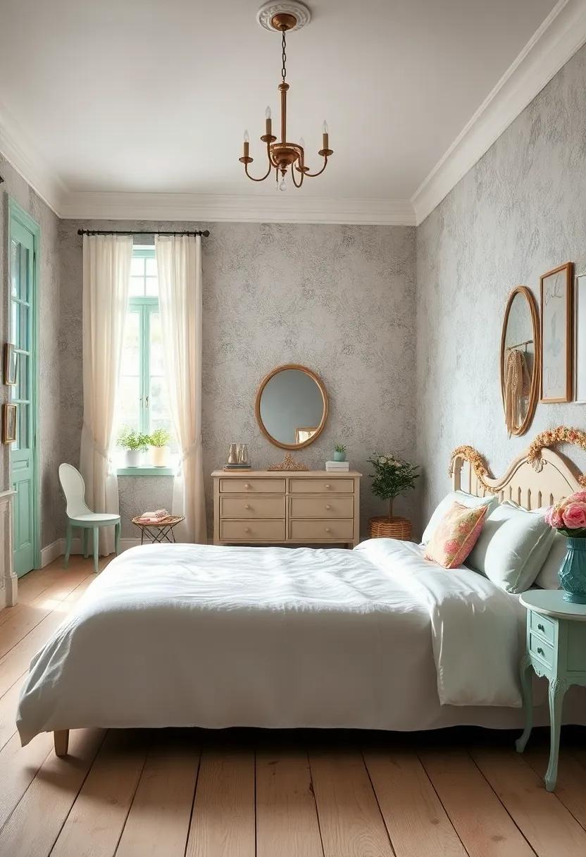 Painted Wooden Floorboards ​in Soft Mint and Cream Shades Enhancing a Vintage ‌Bedroom Look