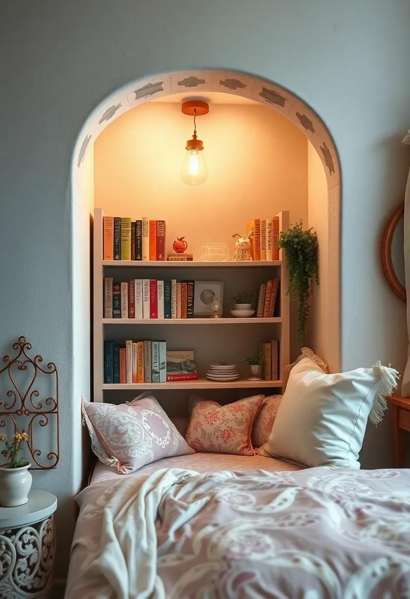 Quaint Bookshelf⁢ Filled with Classic ⁢Fairy ‌Tale Books and Lace-Trimmed Cushions for a cozy Nook