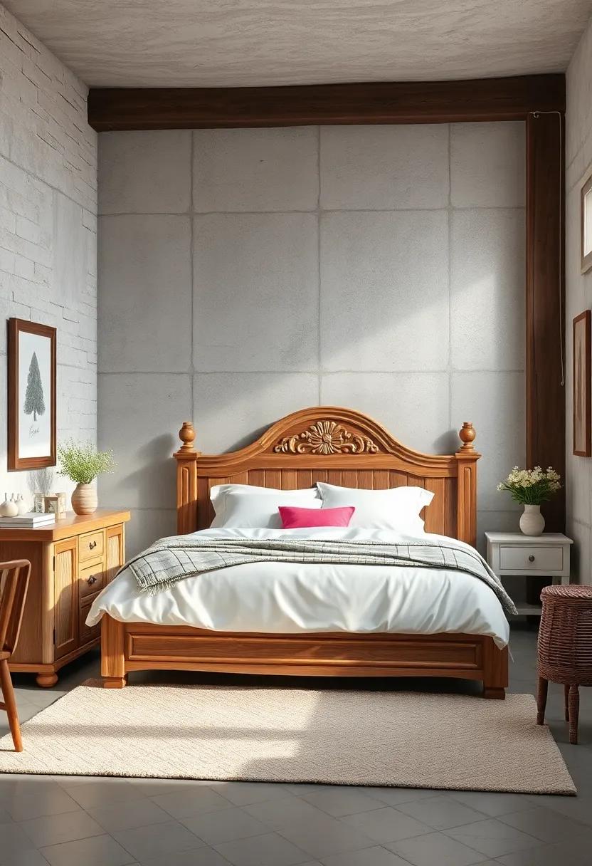 Rustic Wooden Bed Frame with Intricate Carvings and ‌Crisp White Bedding in a ⁤Timeless Girls’ Room