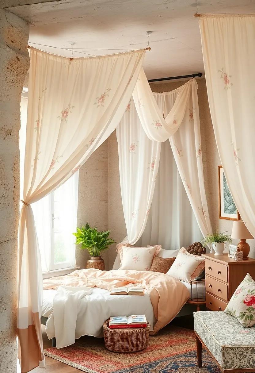 Soft Cotton⁢ Canopies with Light ​Floral Prints Hanging Over a Cozy reading Corner