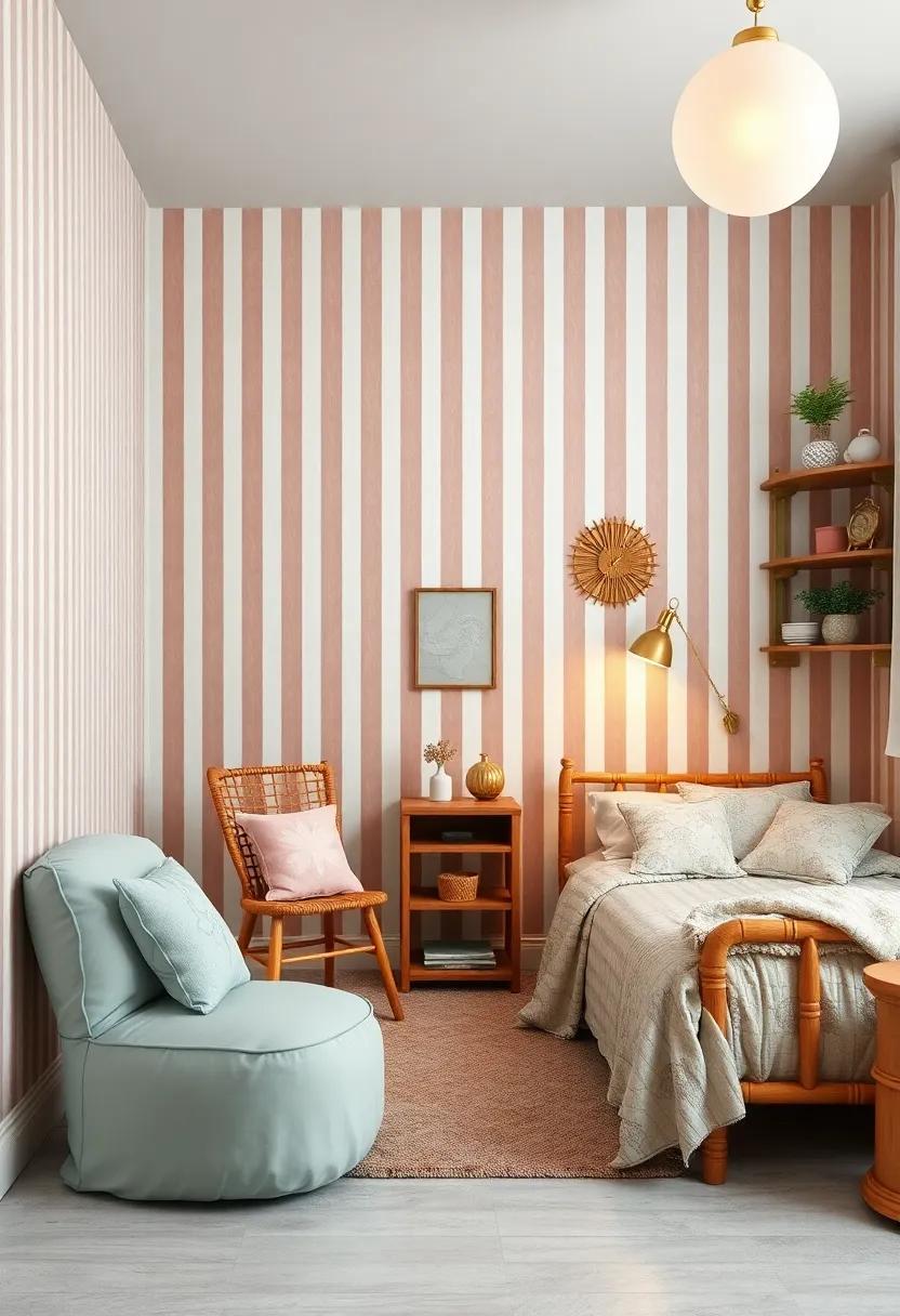 Subtle ⁢Striped Wallpaper with Faded Edges Providing Nostalgic Vintage Girl’s Room ⁣Backdrop
