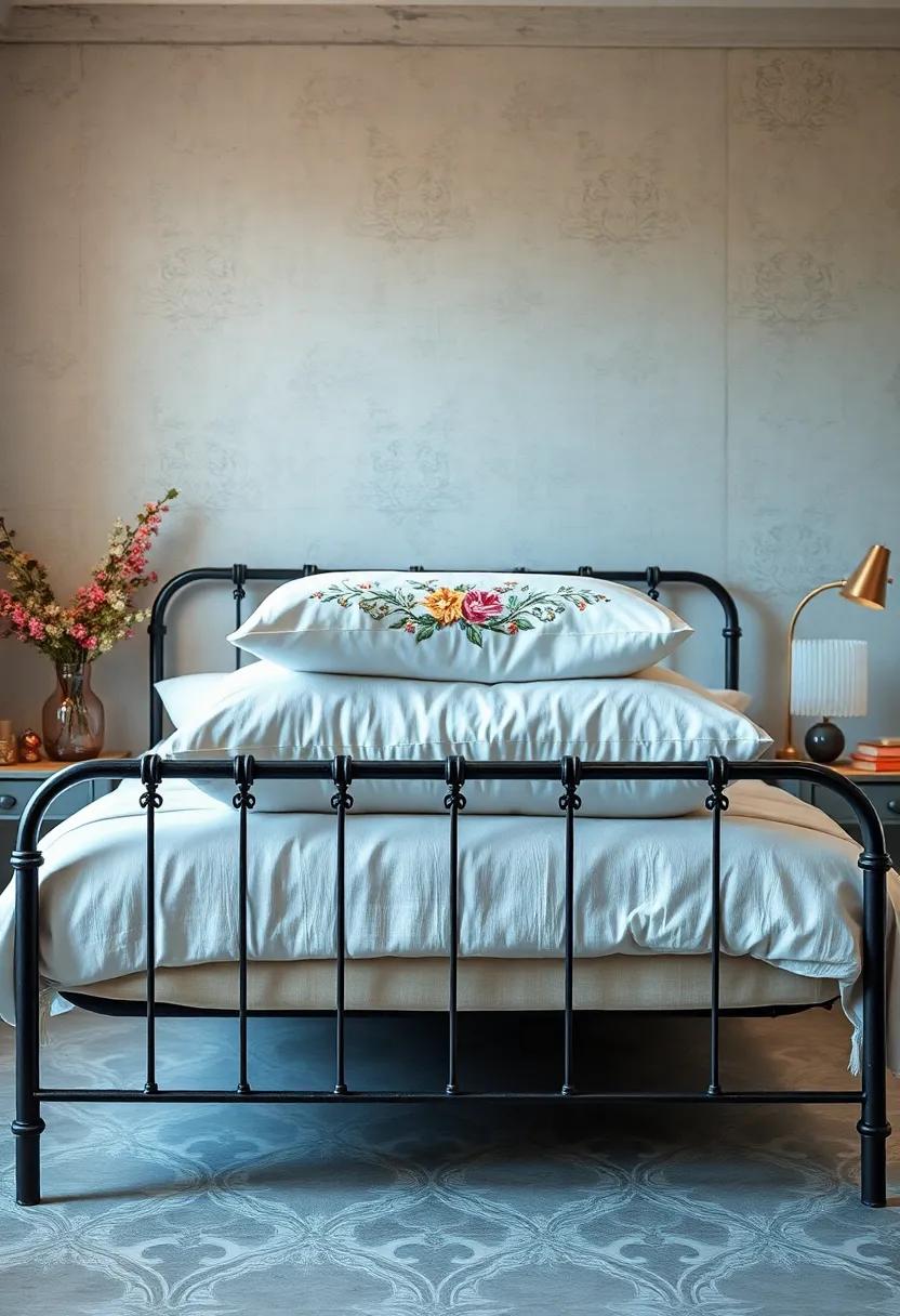 Timeless Feather Pillows‌ with Floral Embroidery Stacked on a Classic ⁣Iron Bed Frame