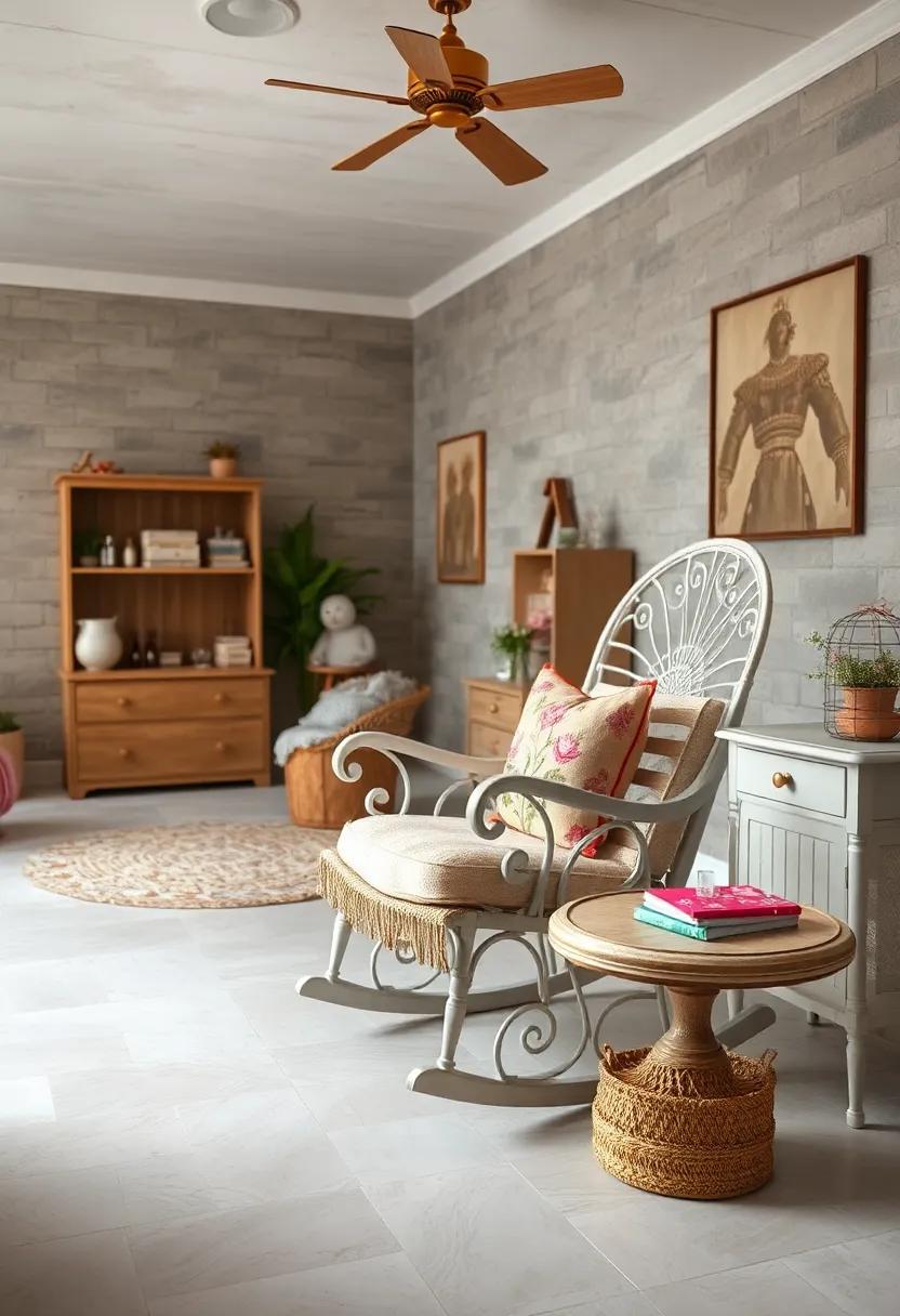 victorian-Style Rocking Chair Adorned ⁣with Embroidered Cushions in a Sweet Girl’s Room Ambiance