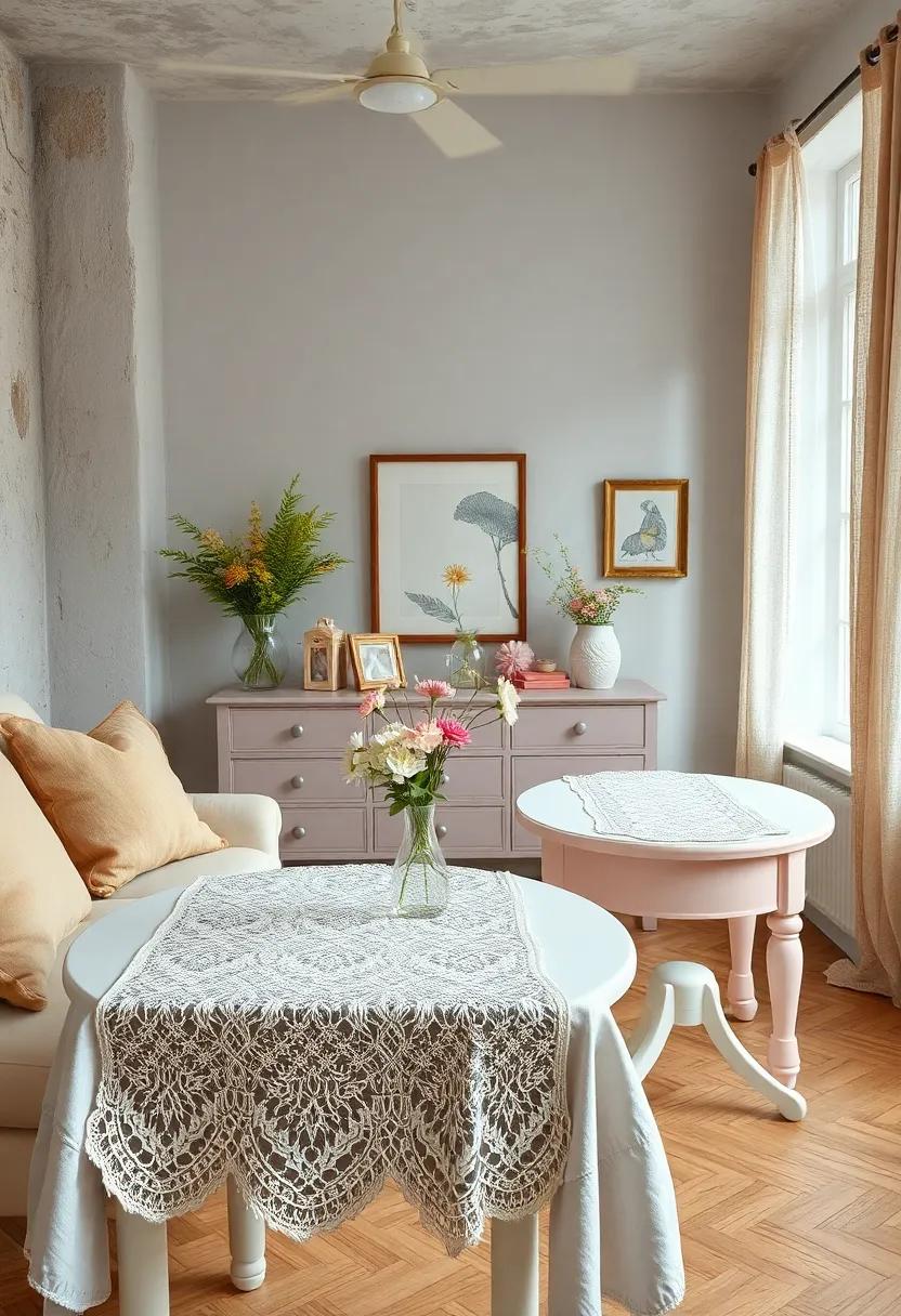 Vintage lace Table Runners Laid Over Pastel side‌ tables Highlighting Romantic Vibes