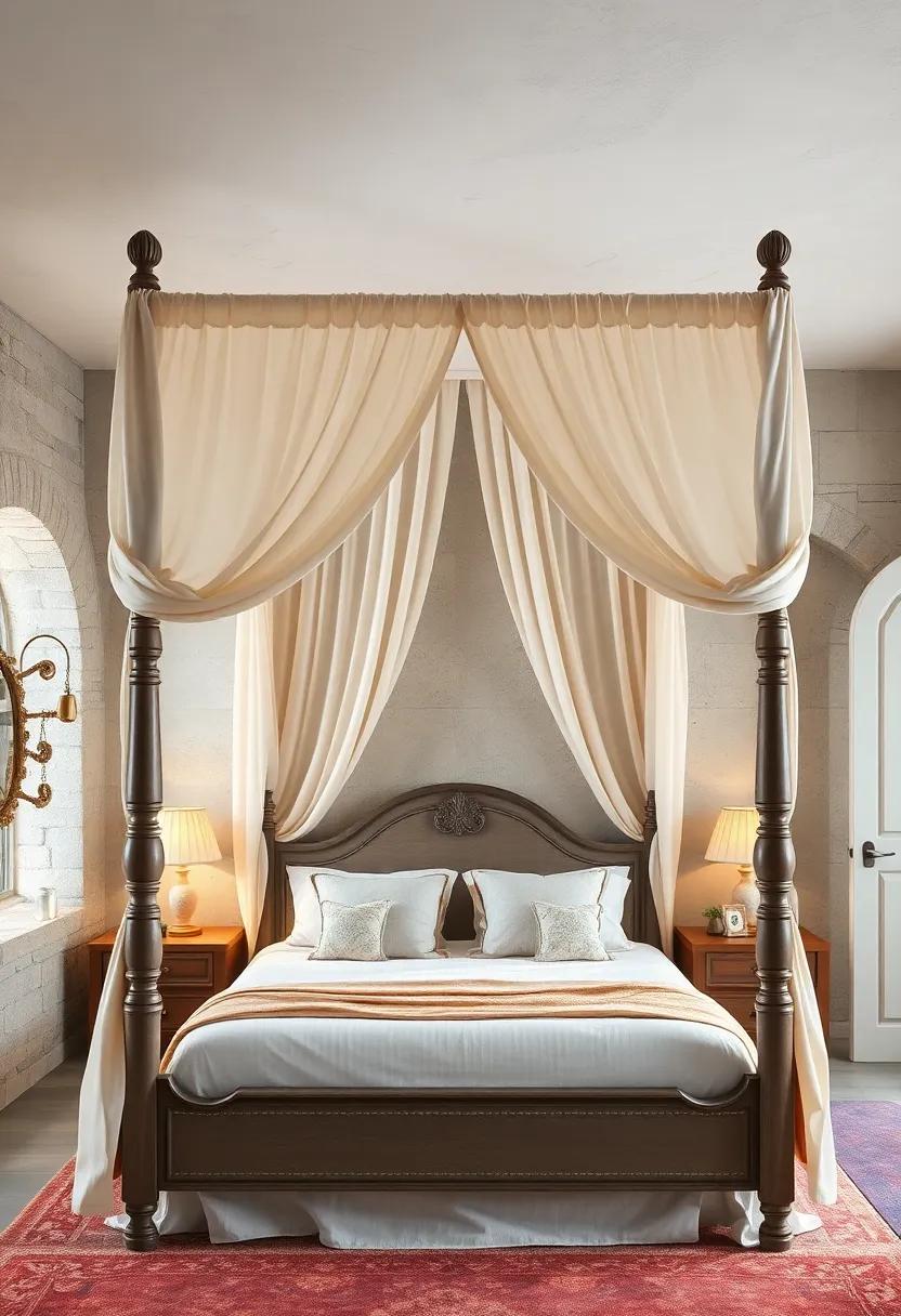 Whimsical Canopy Drapes ⁣Flowing Gracefully Above a Four-poster Bed in ​an Old-World ⁢Girls’ Room
