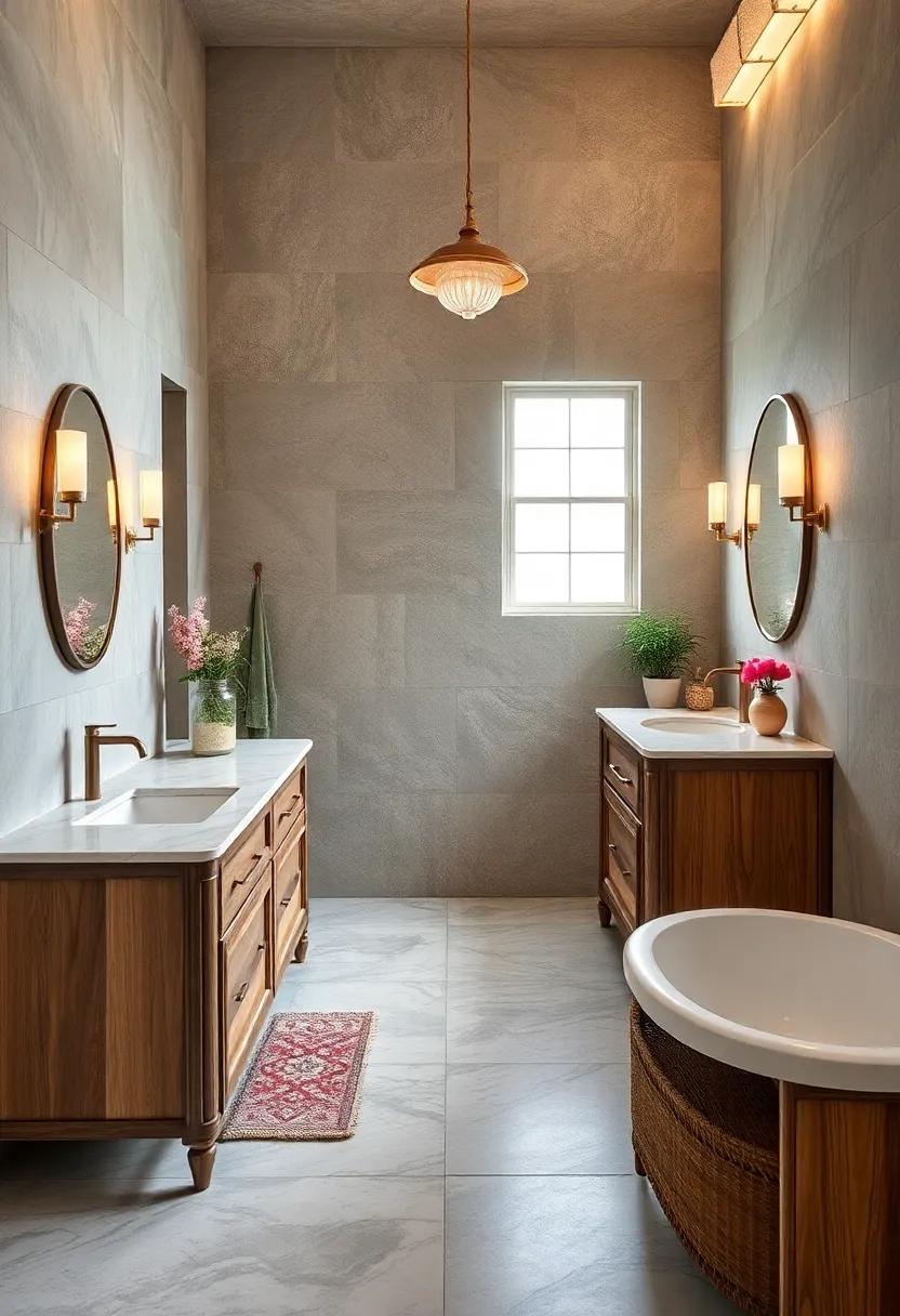 distressed⁣ Wooden Vanities⁢ with Marble Countertops