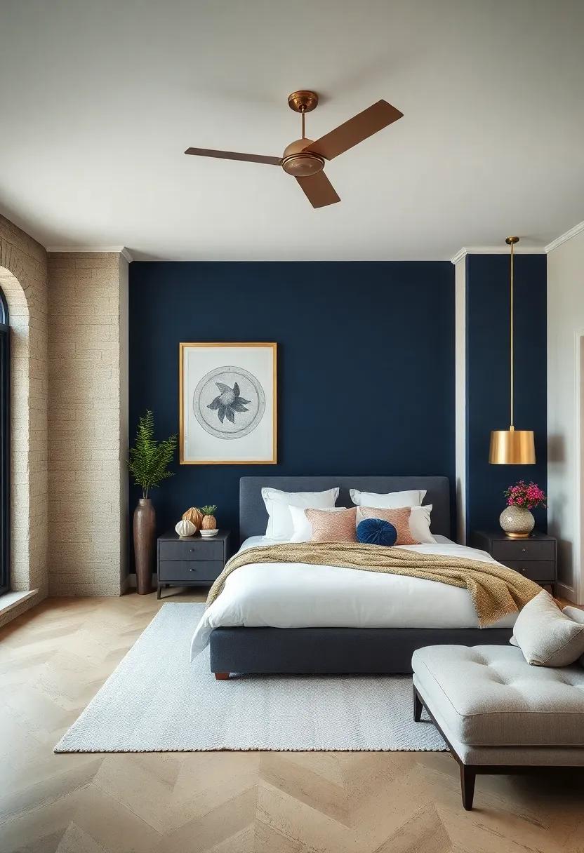 Deep ​Navy ⁢Elegance: Create a calming ⁤sanctuary with​ a rich navy accent​ wall that pairs beautifully with crisp white bedding and metallic accents