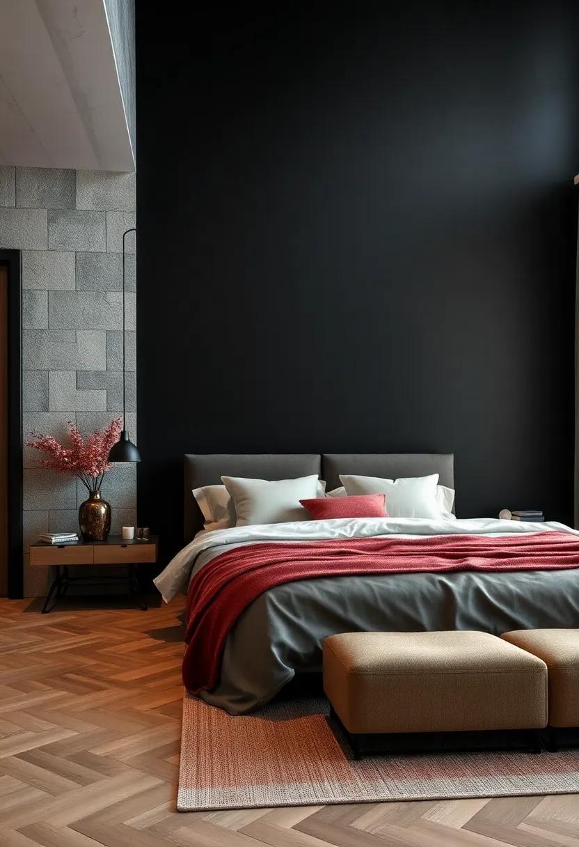 midnight Black Drama: Make⁣ a​ bold statement with a sleek black⁣ accent wall, ideal for modern bedrooms seeking‍ a ⁤touch of mystery
