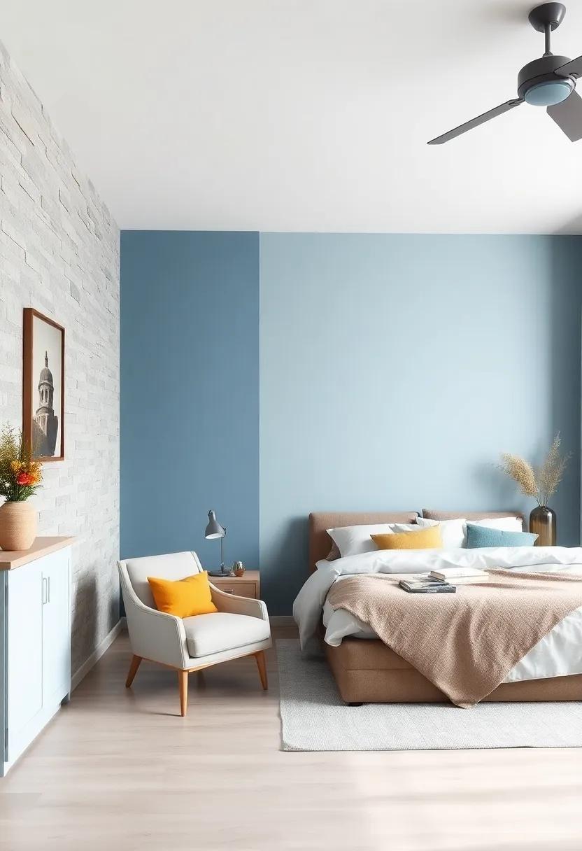 Powder‍ Blue Calm:‌ Bring‌ a soothing‌ and‍ airy feel with a powder blue accent wall, ideal for⁤ promoting restful sleep