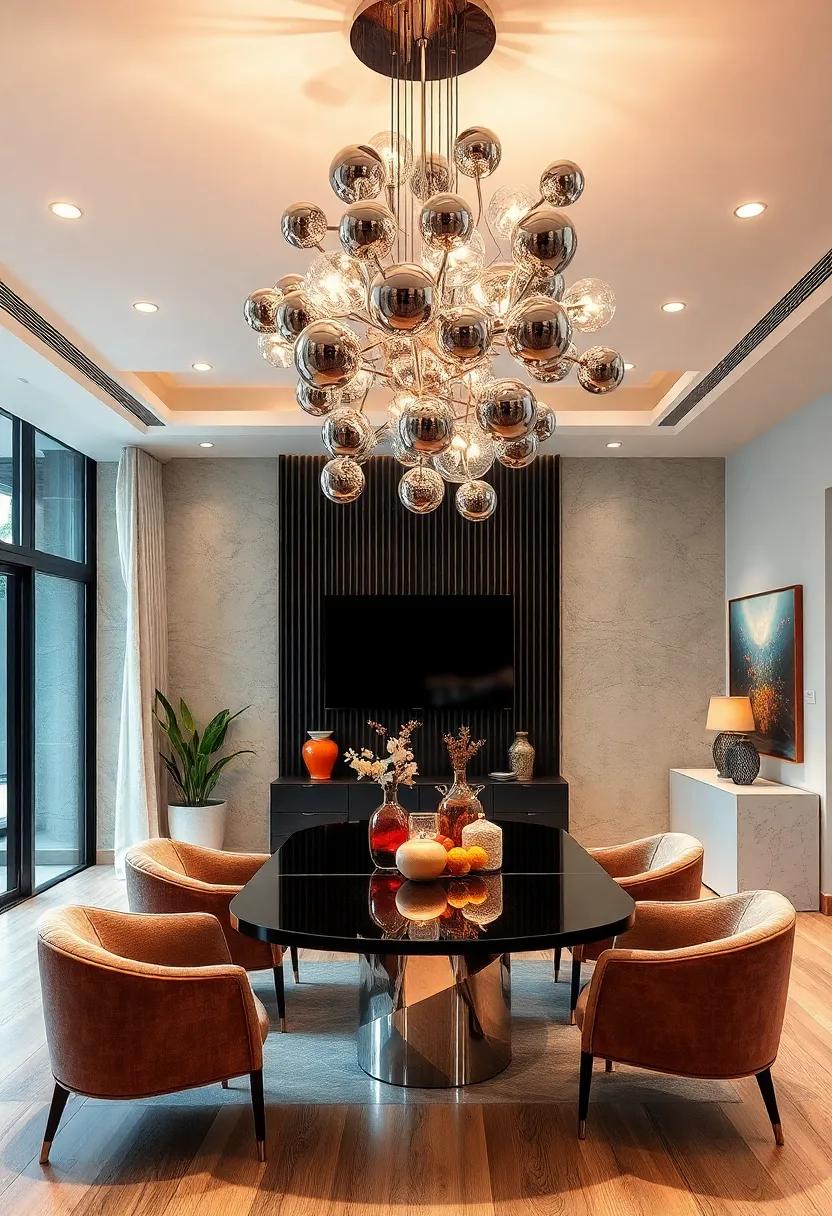 Futuristic Fantasy: A swirling cluster of chrome spheres that seem to hover, creating a dynamic focal point above any dining table