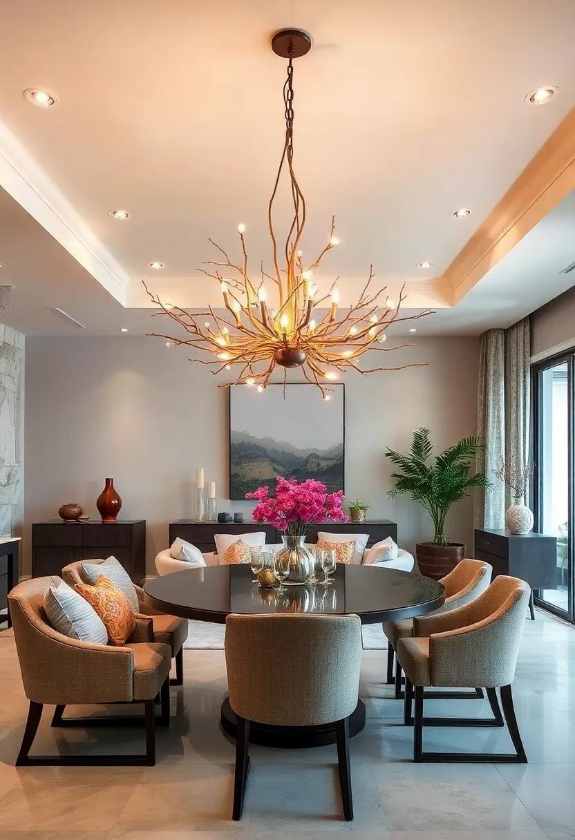 Nature’s Glow: Twig-like bronze arms intertwined with warm LED lights evoke an organic and earthy ambiance