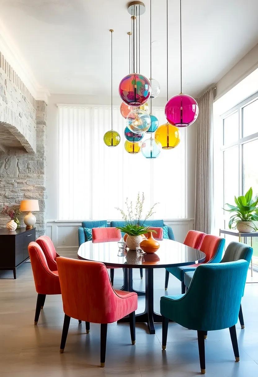 Retro Revival: Bold, colorful glass orbs suspended in playful arrangements that inject lively energy into the dining area
