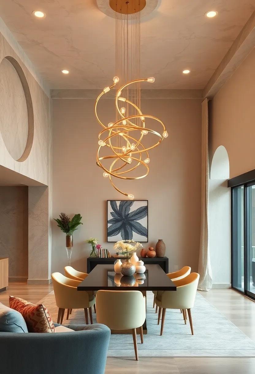 Statement Spiral: Dramatic spiraling arms with accent bulbs that direct attention upward, creating a sense of movement and grandeur