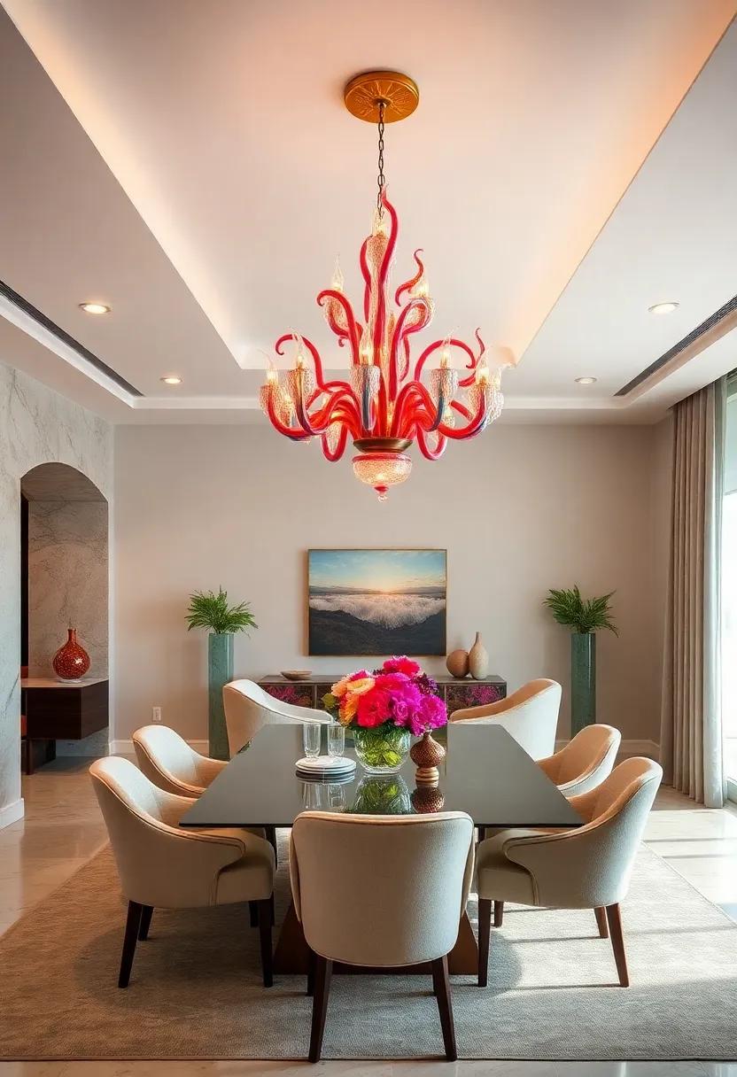 Venetian Vibes: Murano glass chandeliers with hand-blown elegance and vibrant swirls of color as an exotic centerpiece