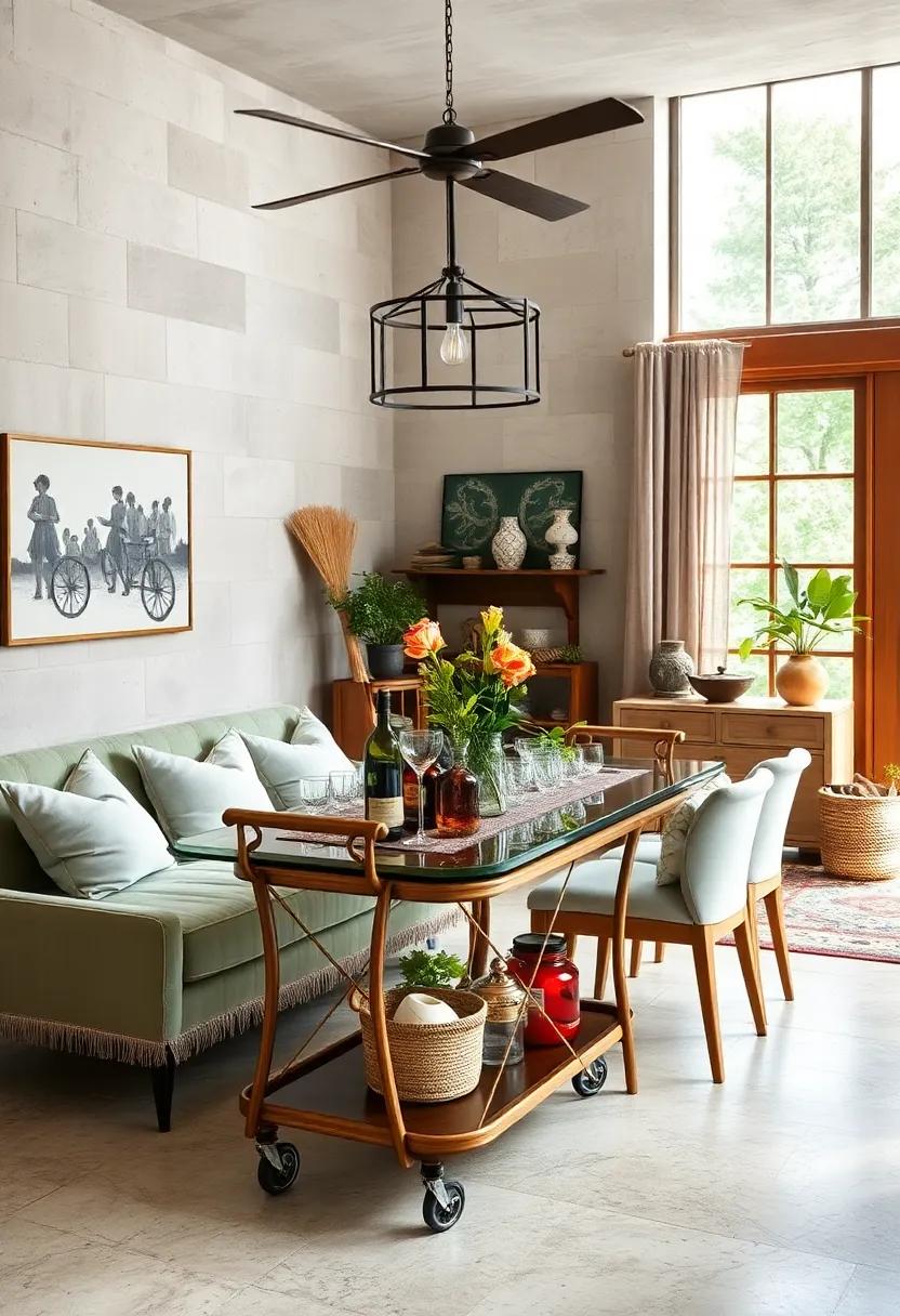 Add⁤ a freestanding ⁤bar cart⁢ adorned ⁤with vintage glassware ⁤and botanical cocktail‌ ingredients