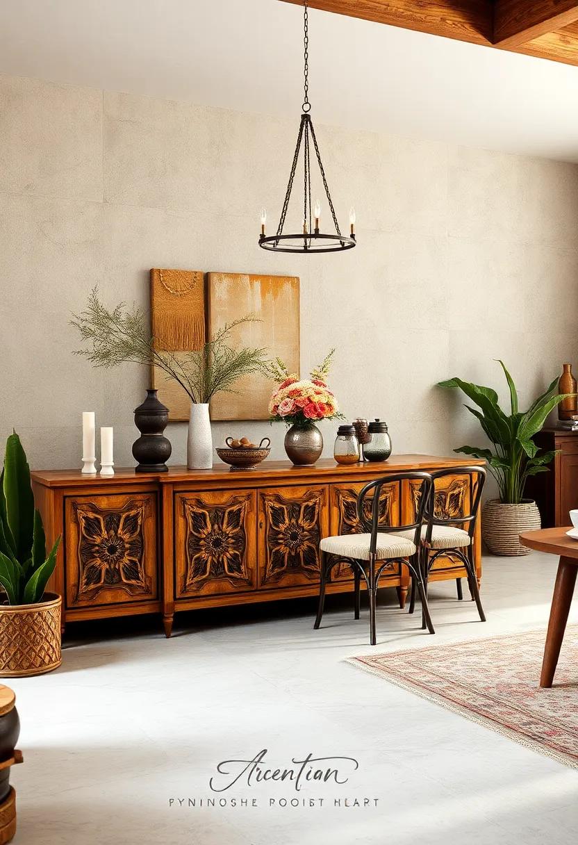 Place a⁢ carved wooden sideboard with brass details ​to serve both function and bohemian‍ style