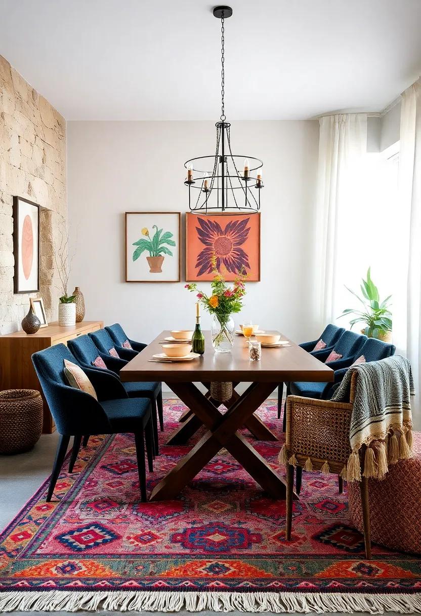 Use ⁤a colorful kilim⁤ rug beneath the dining table to define the space with boho charm