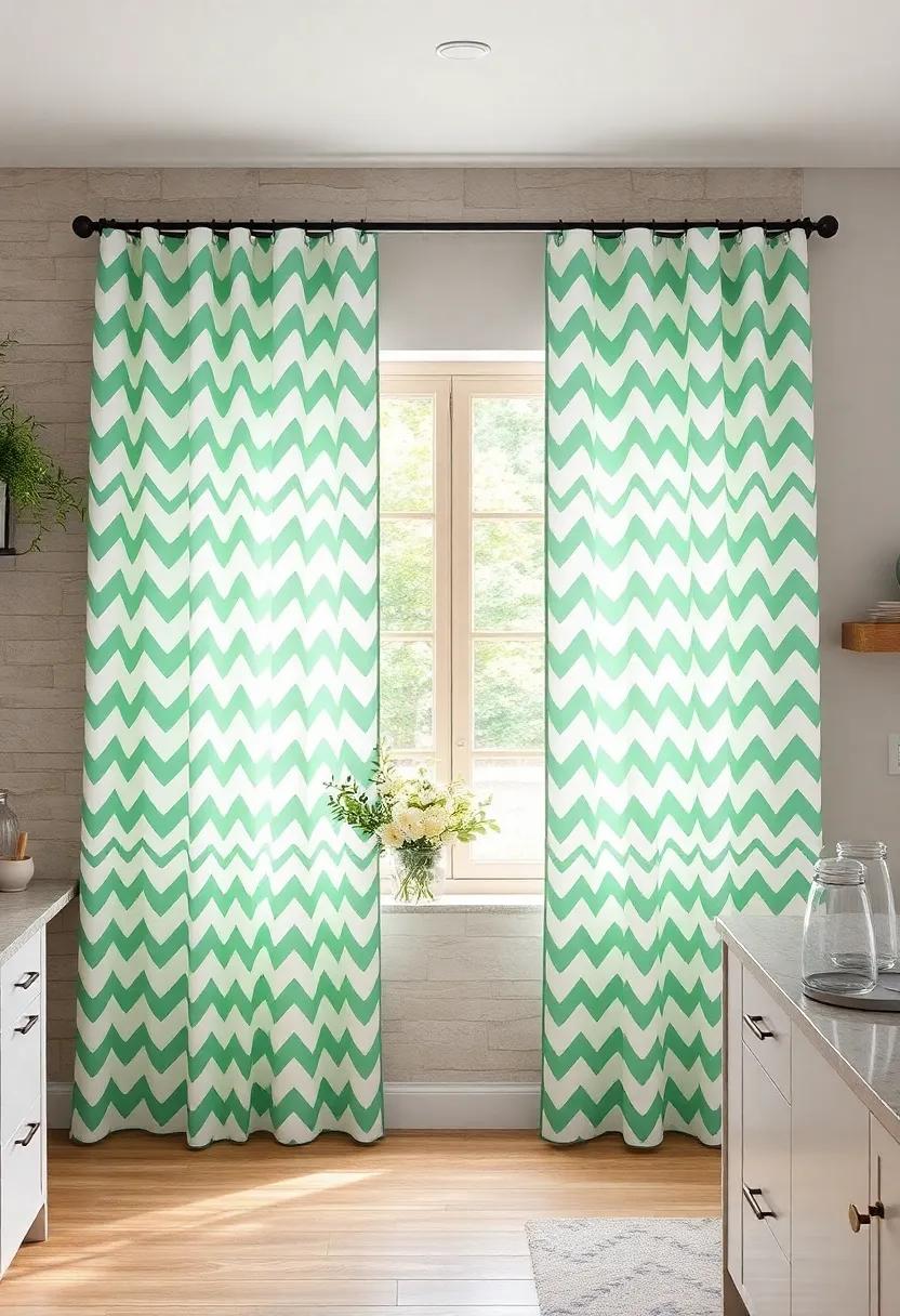 Chevron print Curtains in Seafoam⁢ Green: Playful chevron patterns in seafoam ⁤hues bring both movement and seaside energy ‍to your kitchen‍ windows