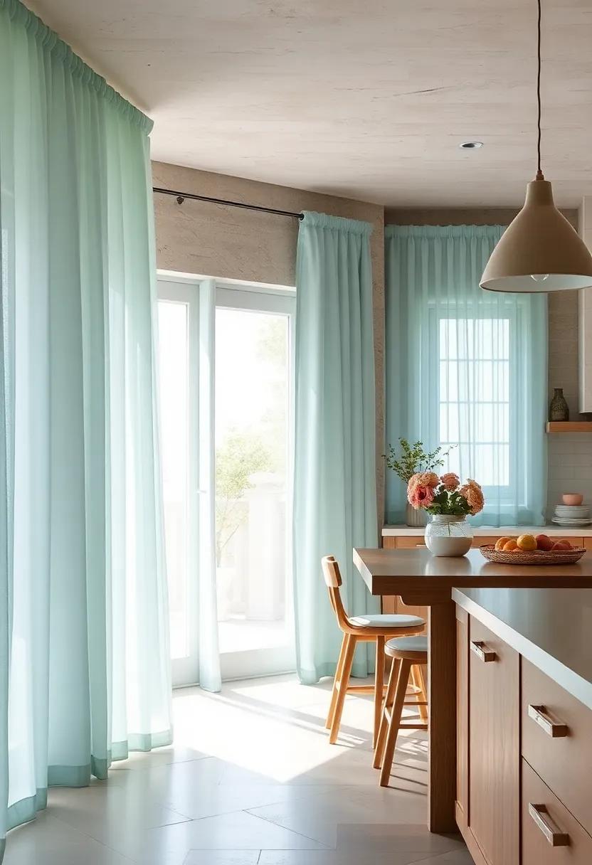 Sea Spray mist Colored Sheer Curtains: ​Translucent curtains in soft, misty ⁣sea spray tones diffuse ‍light beautifully and create an ultra-breezy, tranquil kitchen atmosphere