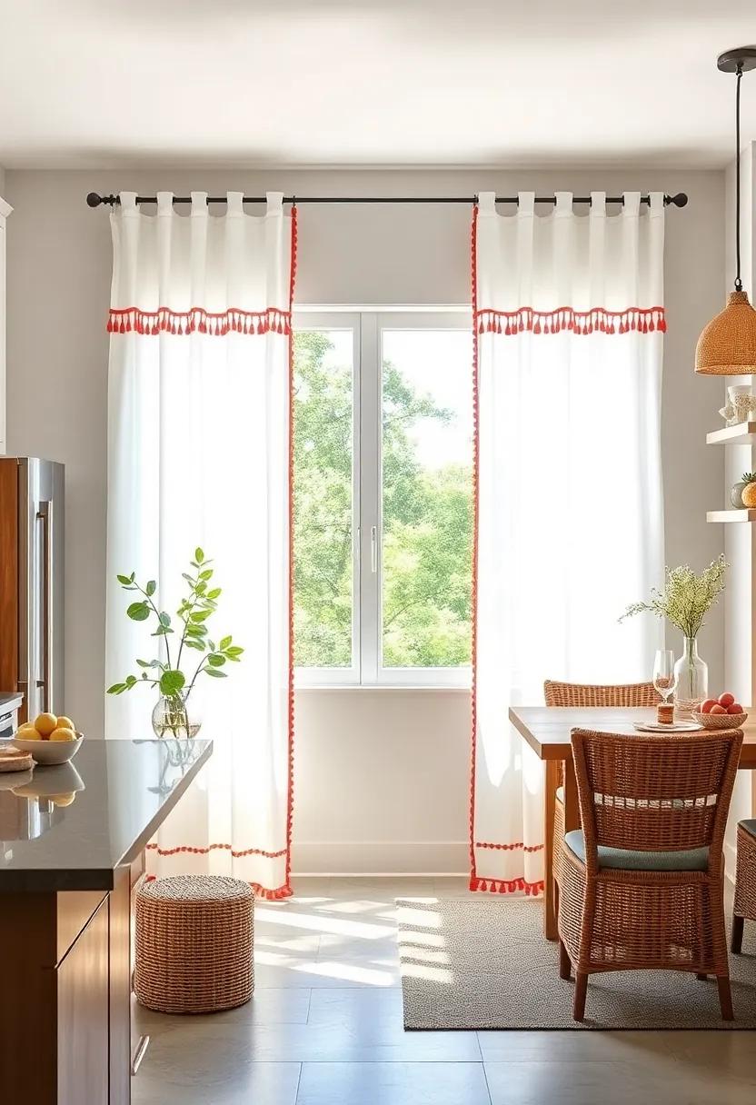 Sheer White Curtains with Coral Fringe Trim:‍ light sheer‌ curtains trimmed with coral-colored fringe inject subtle color and coastal whimsy into your kitchen