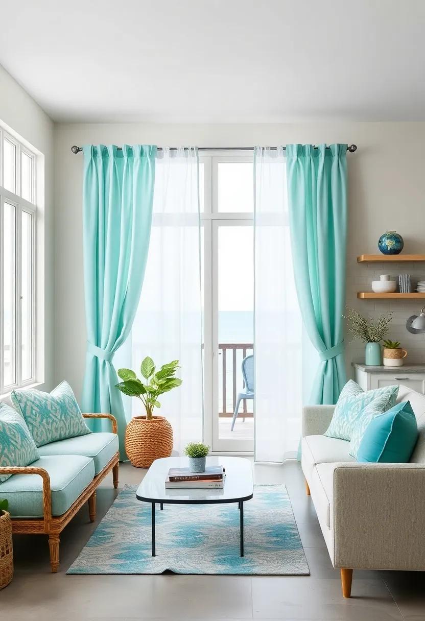 Soft Aqua Tie-Up Curtains:‍ Light aqua tie-up curtains provide easy adjustability and introduce a cool, aquatic​ palette perfect for ⁢waterfront kitchens