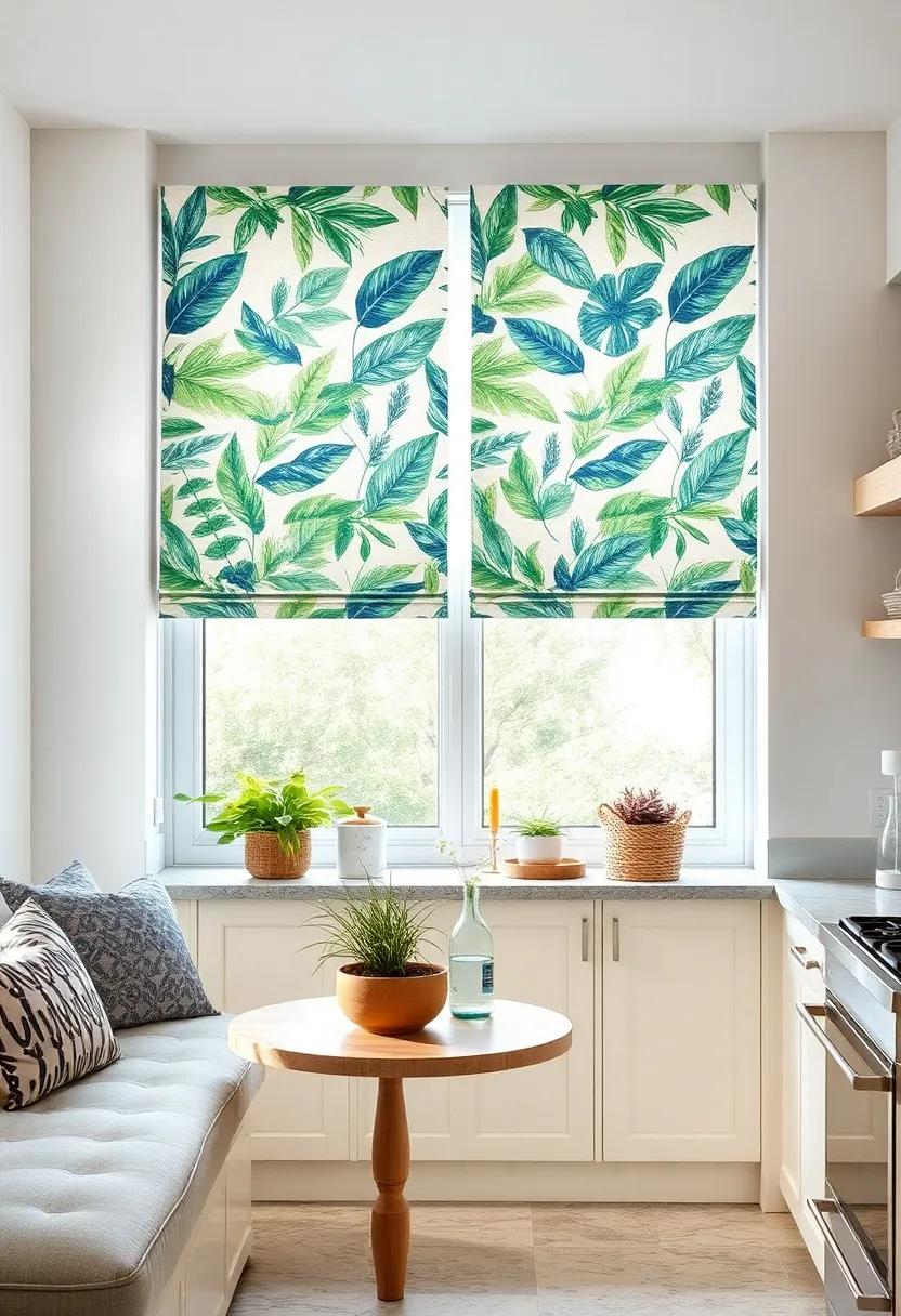 Tropical Leaf Print Roman Shades: Bold ‍tropical ⁣leaves in muted blues and greens on roman shades offer a fresh coastal flair with an island-inspired aesthetic