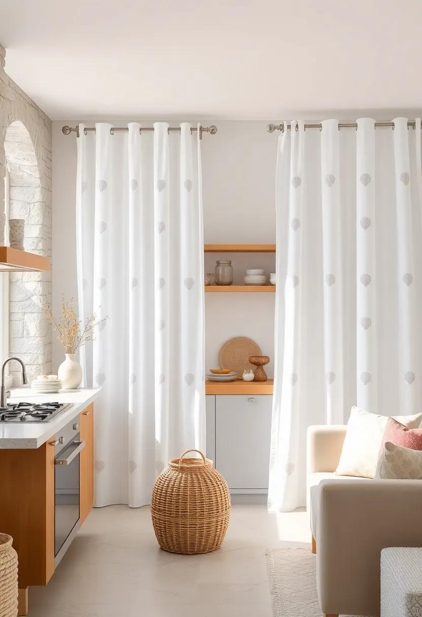 White cotton Voile with Shell⁢ Embroidery: Delicate white voile curtains embroidered with subtle shell‍ patterns add⁤ a soft coastal touch without overwhelming ⁣your ​space