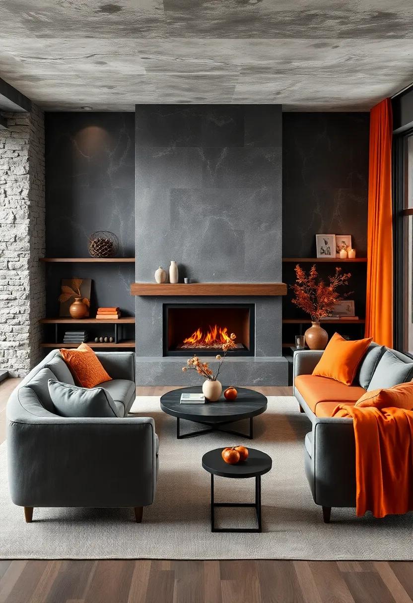 Charcoal Gray and Burnt Orange: Mix modern sophistication and cozy vibes with ‍dark gray backdrops and vibrant orange highlights