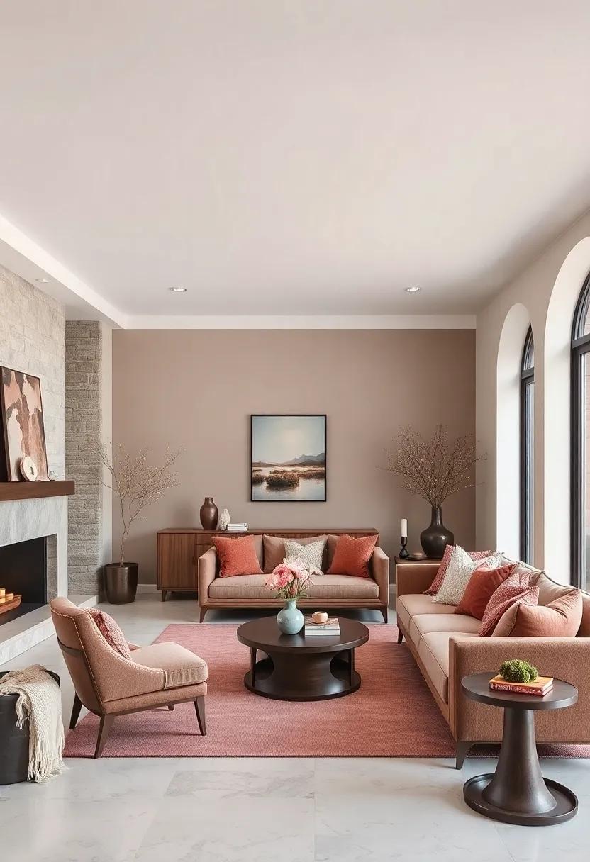 Walnut Brown and Dusty Rose: Blend rich wood​ browns with muted rose to achieve understated elegance
