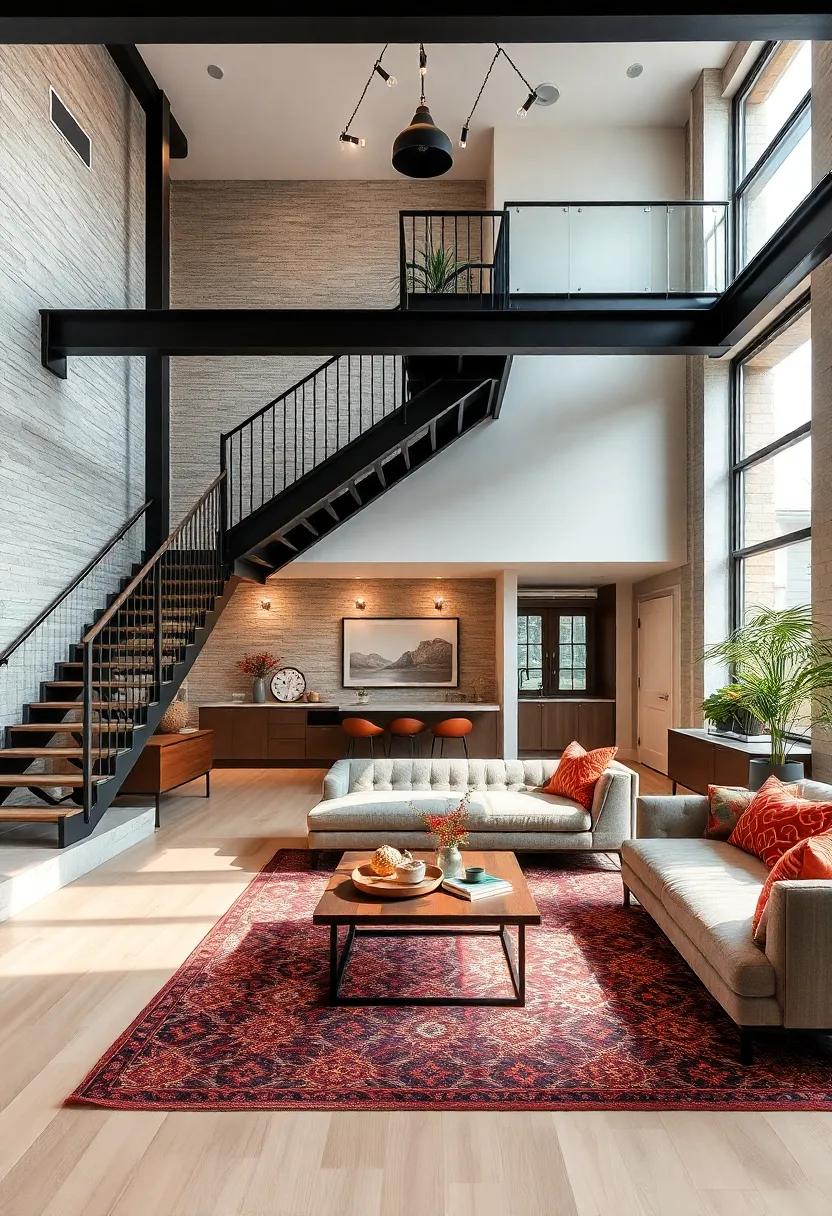 Bold black steel staircases contrast with light maple floors to create a ⁤visually compelling industrial ⁢yet warm environment