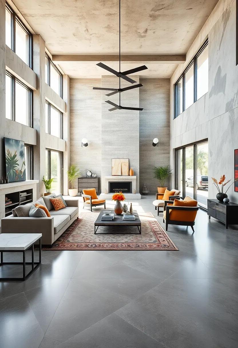 Floor-to-ceiling‍ windows flood this open-plan space ‍with natural ​light, highlighting the fusion of distressed metals and polished marble surfaces