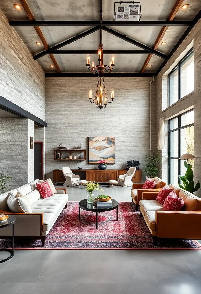 This home maximizes⁢ open⁤ spaces and ⁢industrial elements by incorporating elegant⁤ chandeliers and ​plush cushions‍ for contrast