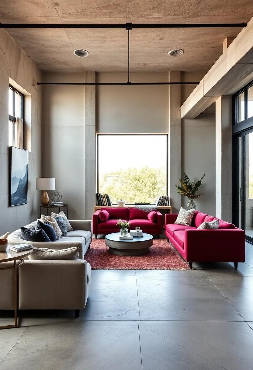 This minimalist home features raw concrete floors paired with plush velvet ‌upholstery, striking the perfect balance between austere and inviting
