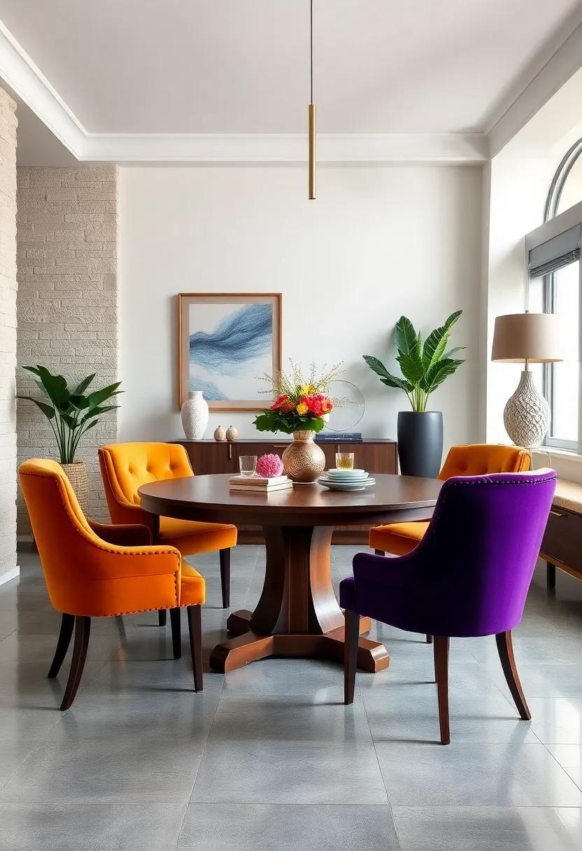 Embrace Classic Elegance with a Walnut ​Round Table and Velvet Upholstered Chairs