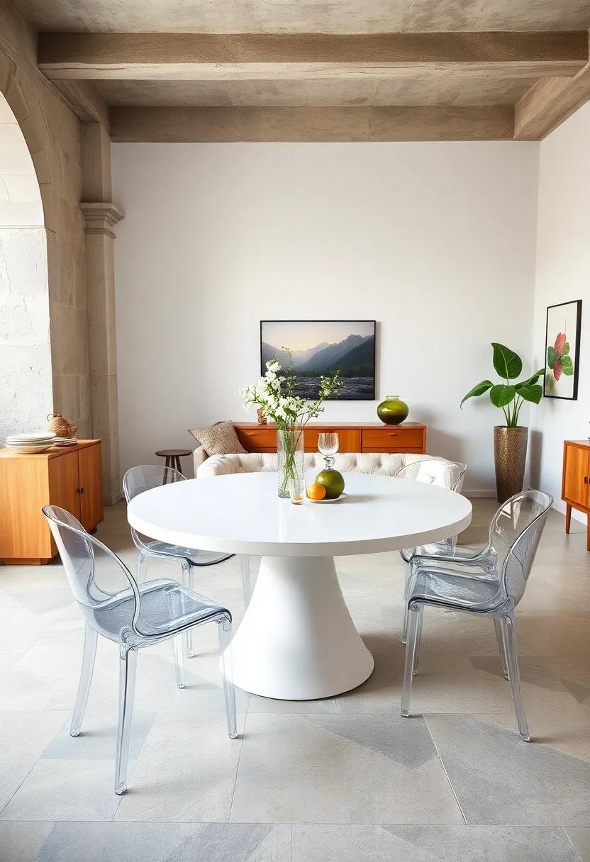 Brighten the Space with a White Gloss Round Table Paired with ⁤Transparent⁣ Acrylic Chairs