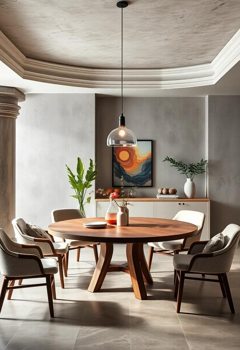 Enhance Ambiance with Soft Pendant Lighting Hung Above a Round Wooden Table