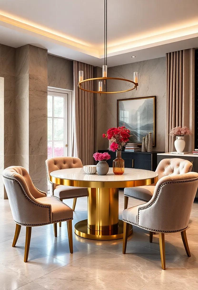 Add a Touch of Glamour Using a Gold Trimmed Round table ​with Velvet Tufted Chairs