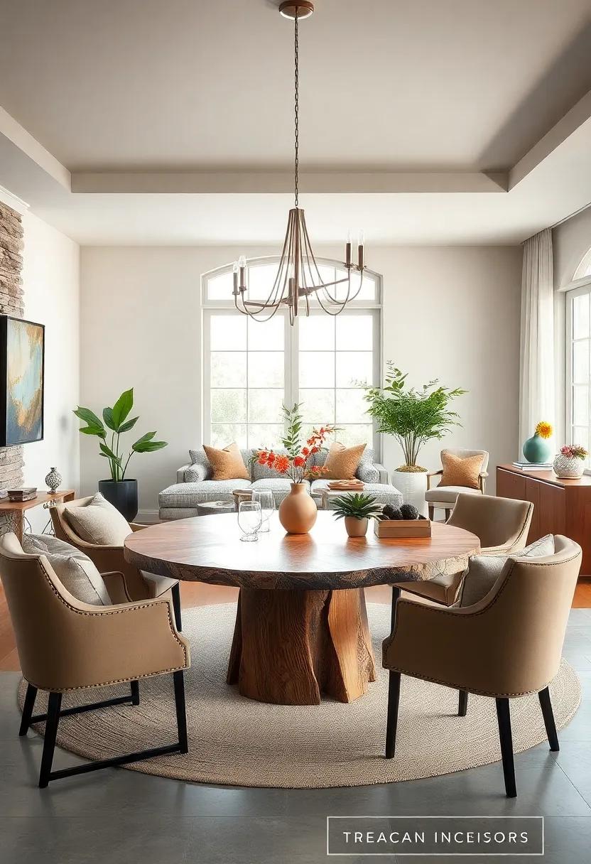 Introduce Nature ‌Indoors with a Live Edge Round Table and Earth-Toned Upholstery