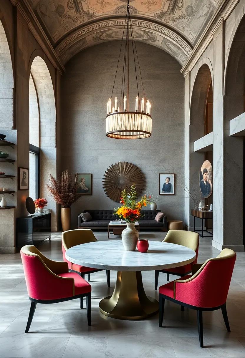 Highlight Architectural Details by Placing ‌a Round Table Under a Statement Chandelier