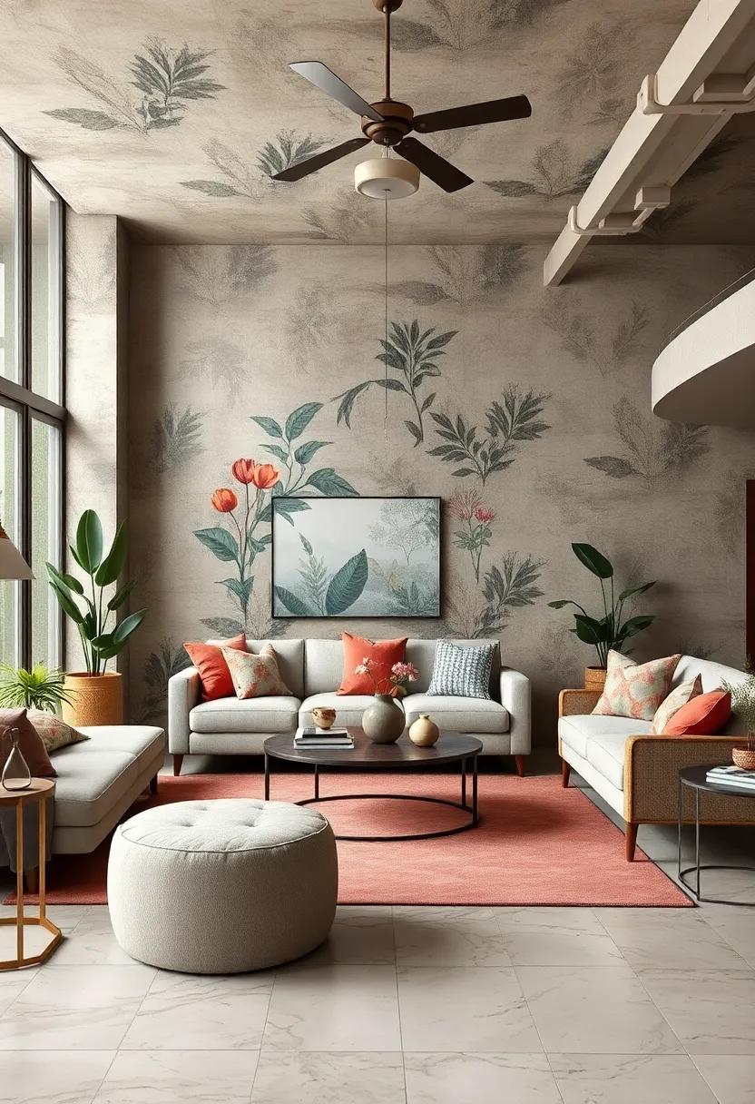 Incorporate botanical patterns alongside graphic prints for nature-inspired balance