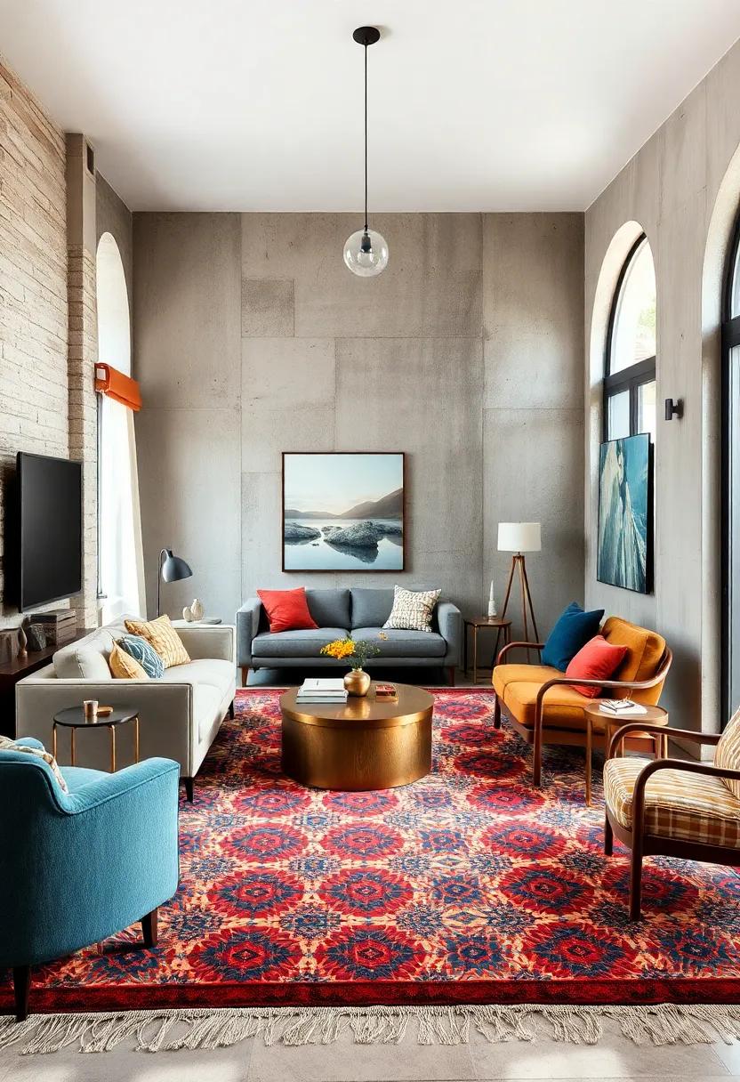 Layer patterned rugs to define zones and create cozy, dynamic areas