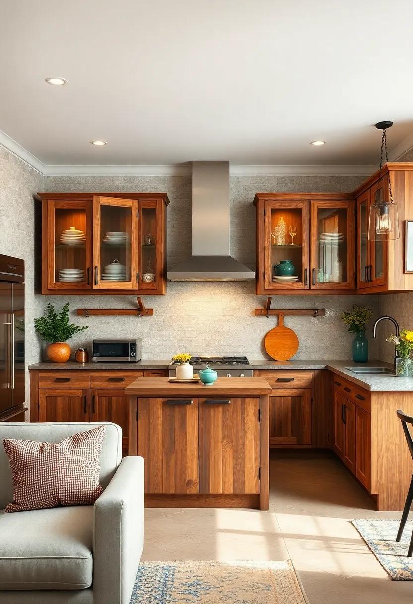 integrate glass-front⁢ reclaimed wood cabinets to showcase vintage dishware⁣ and add depth