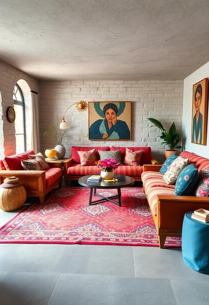 A Bohemian Oasis: Vibrant Moroccan rugs‌ layered with floral velvet cushions bring life to a rustic wooden⁢ sofa