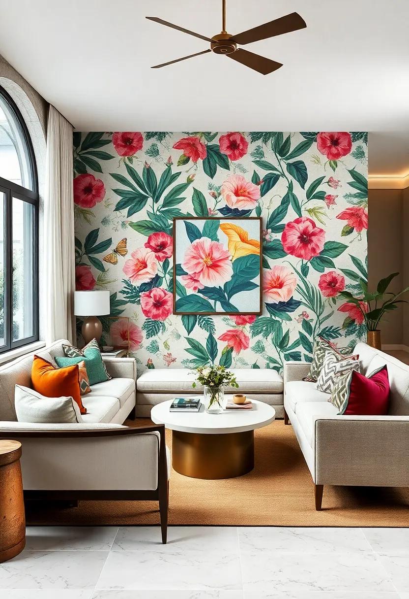Bold Botanical Burst: Oversized floral wallpapers pair with geometric cushions in an energetic color‍ palette