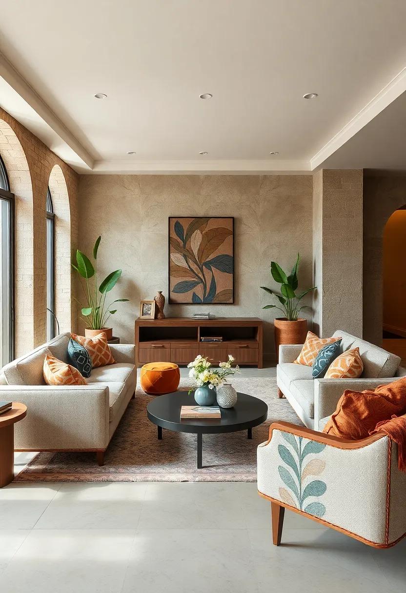 Arts and⁣ Crafts Revival: Stylized leaf motifs entwine with geometric tapestry cushions for handcrafted charm