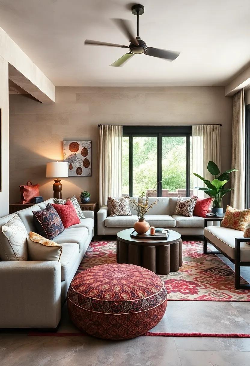 Eclectic Global Mosaic: Asian silk cushions, Moroccan poufs, and West ‌african prints unite with ease