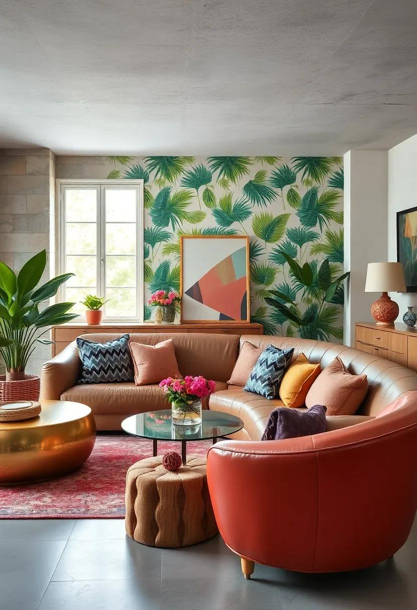 Tropical Retro Fusion: Palm leaf wallpapers clash delightfully⁣ with chevron cushions on a quirky, curved vinyl sofa