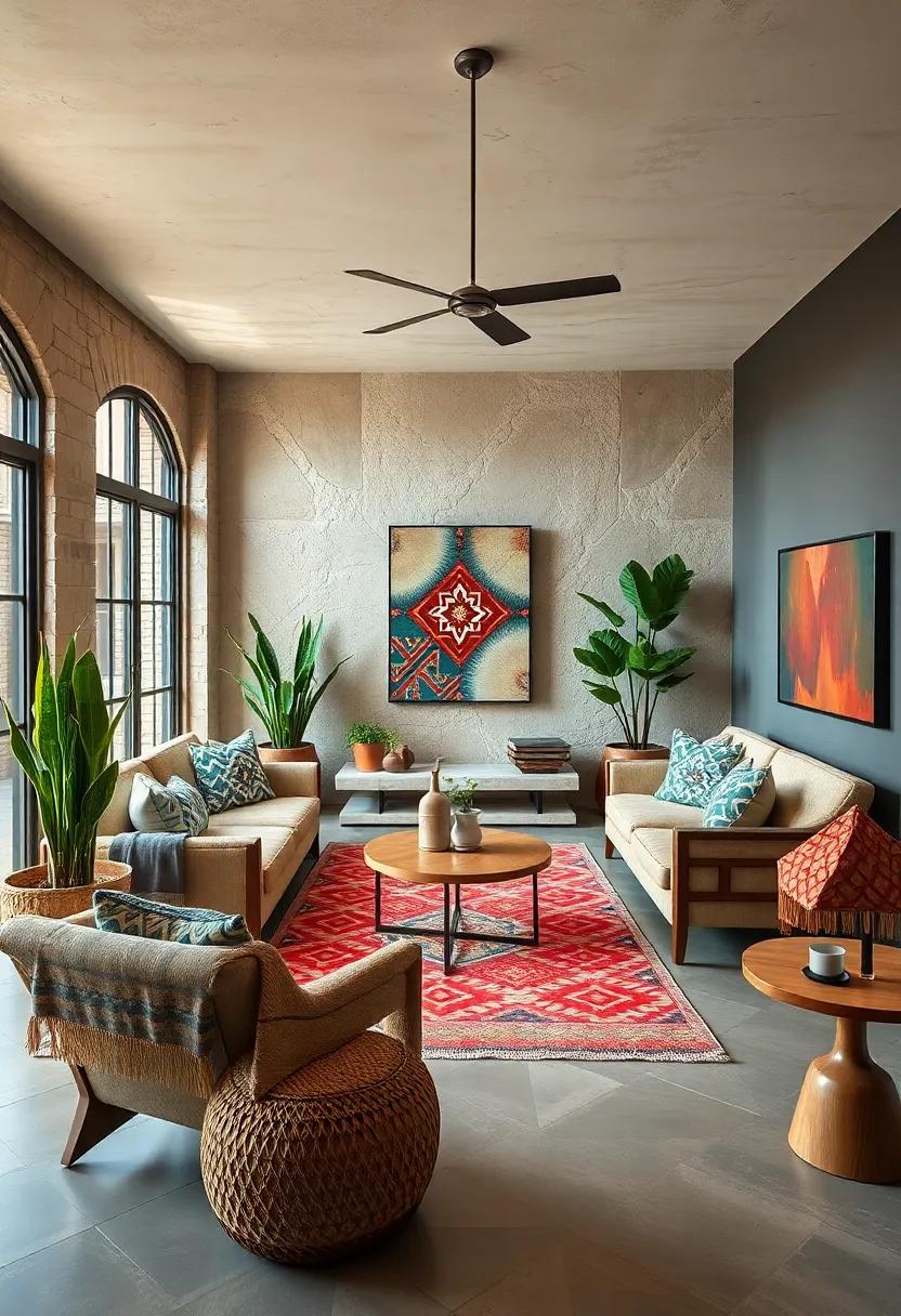 Urban ⁤Jungle Retreat: Leopard print rugs and checkerboard pillows set against a backdrop of⁤ lush indoor plants