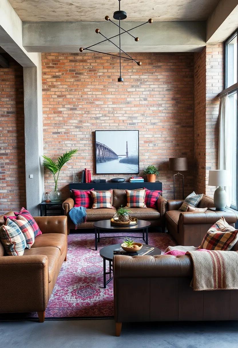 Industrial⁢ Meets ‍Maximalist: ​Raw brick walls frame mixed plaid and paisley‌ textiles on robust leather furniture